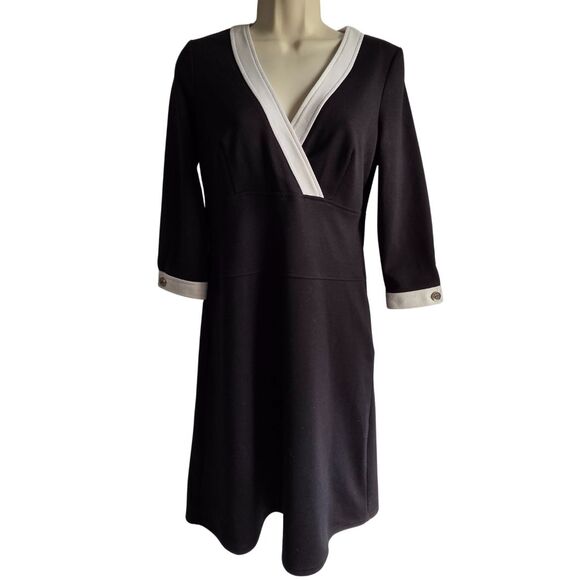 Boston Proper Black White A-Line Dress Size 8 Career Office V-Neck 3/4 Sleeve - Picture 1 of 8